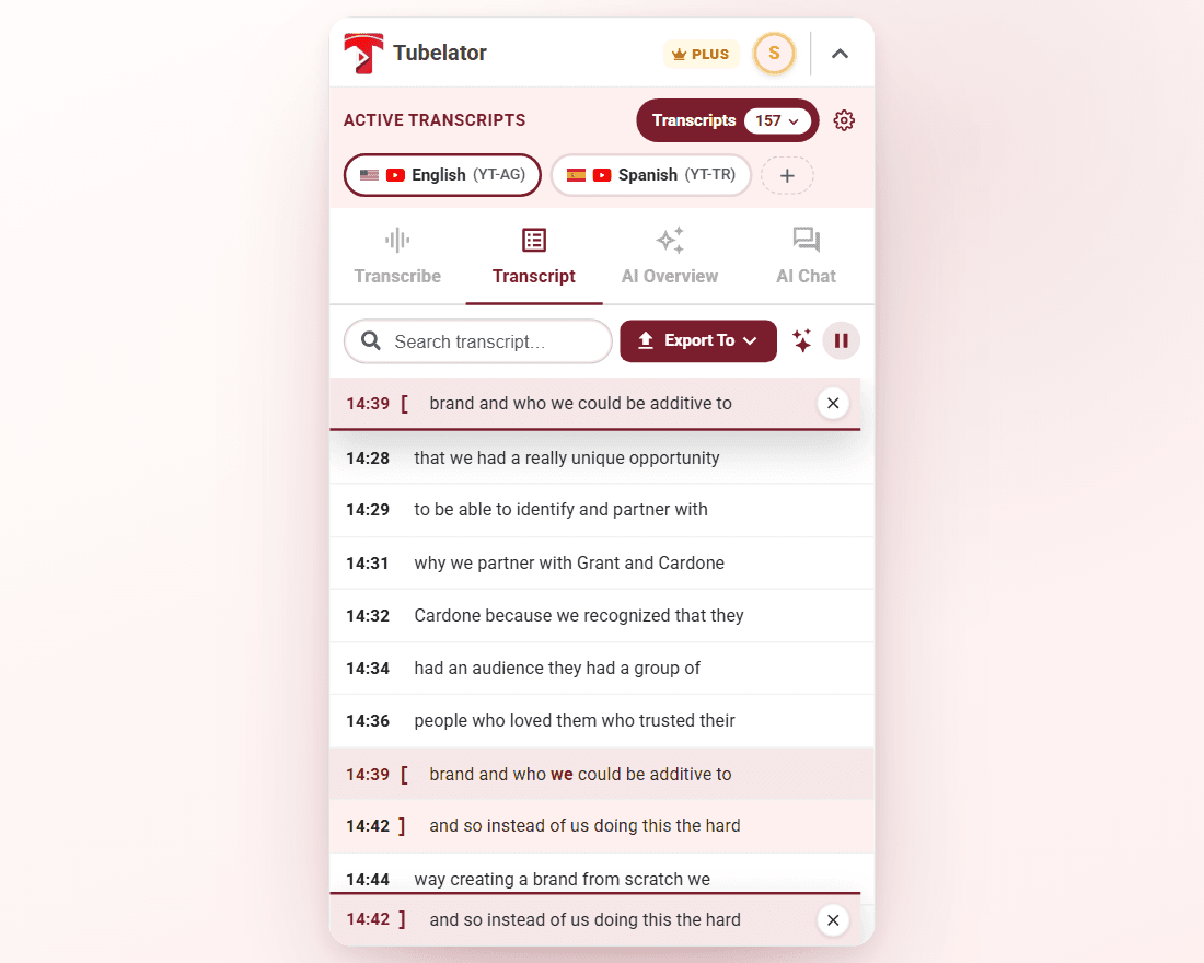 The transcript panel with a loop set across two lines, marked by bracket icons and a tinted region