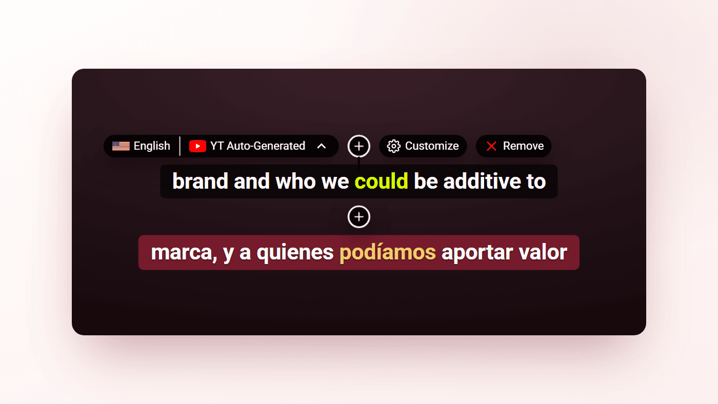 Two stacked subtitle lines on a video with the hover controls shown: the language chip, a plus button, Customize and Remove