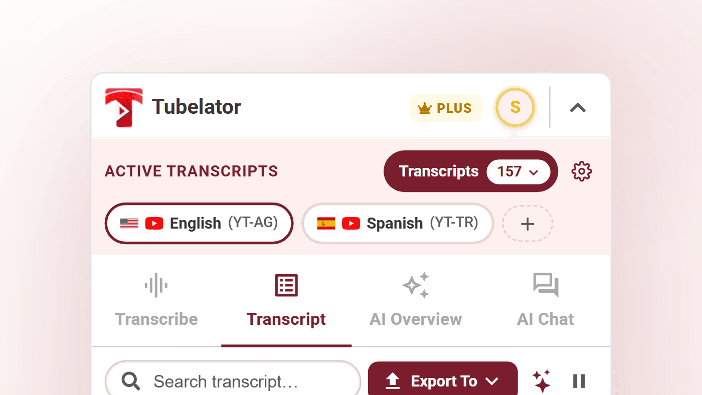 The Active Transcripts row showing an English YT-AG pill beside a Spanish YT-TR pill, with the Transcripts count and the Language Preferences gear