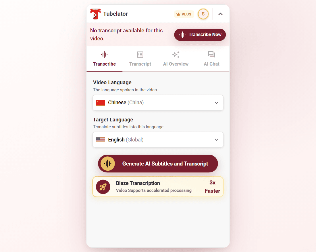 The panel on a video with no transcripts, showing No transcript available for this video and a Transcribe Now button, above the Transcribe tab with Video Language set to Chinese and Target Language set to English and the Generate AI Subtitles and Transcript button