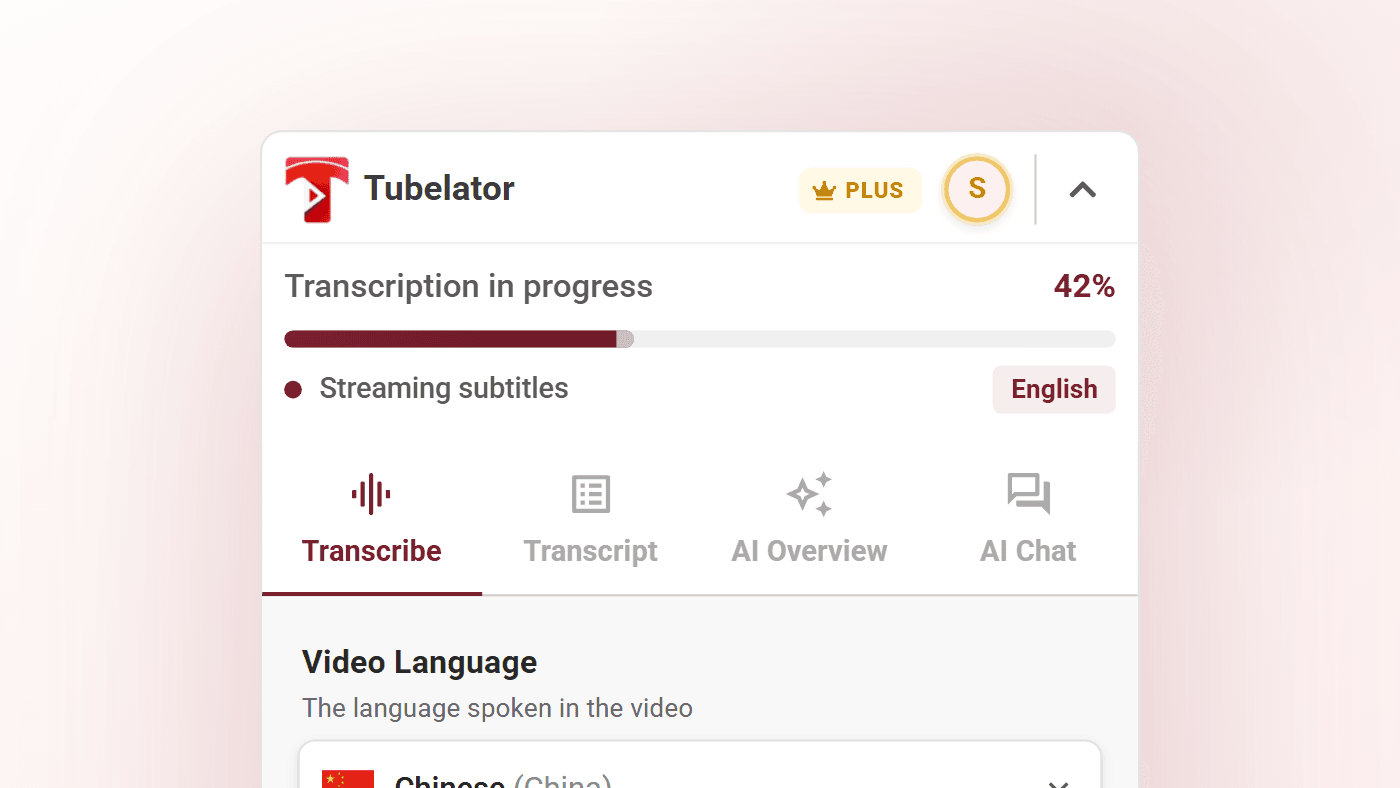 The panel mid-transcription at 42%, with the Transcription in progress bar, the Streaming subtitles status line and an English target-language chip