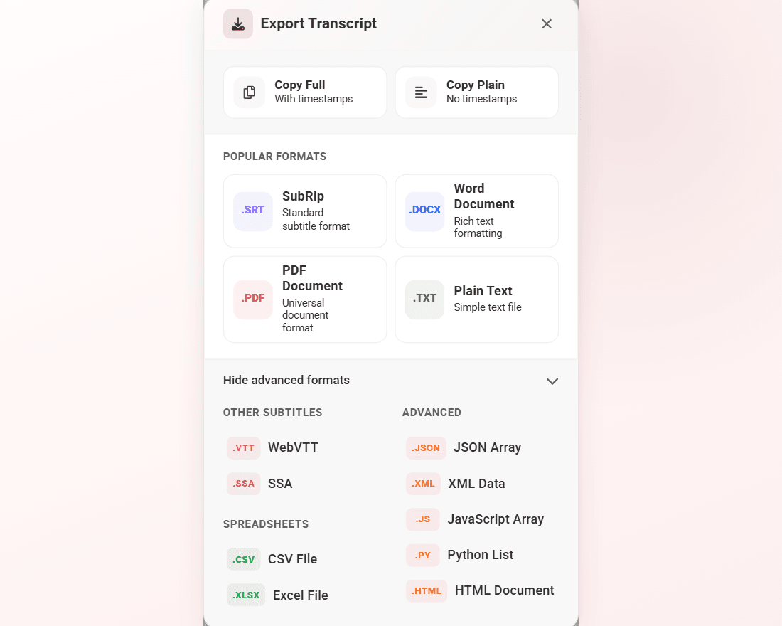 The Export Transcript sheet expanded, showing the copy actions, the four popular formats and the nine advanced ones