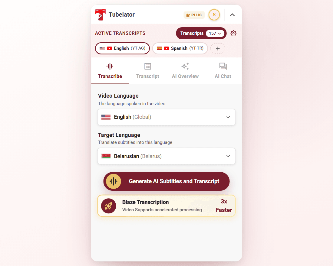 The Transcribe tab with the Video Language and Target Language fields above the Generate AI Subtitles and Transcript button