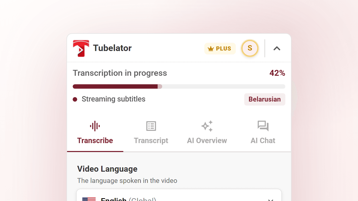 The panel mid-transcription, showing the progress percentage and the streaming status line