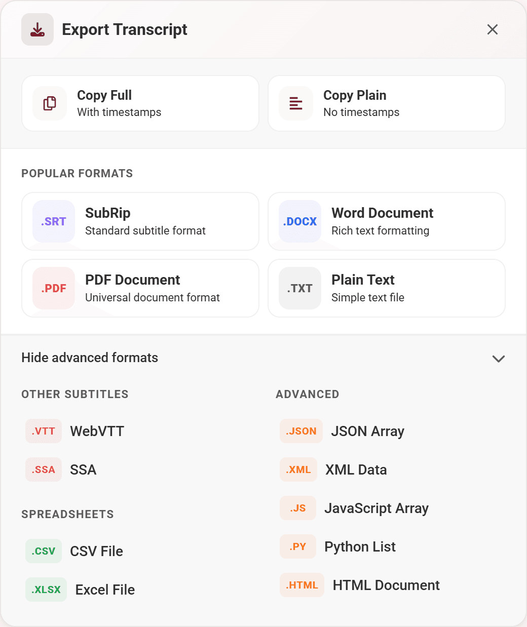 Tubelator export overlay — 13 formats across popular and advanced groups