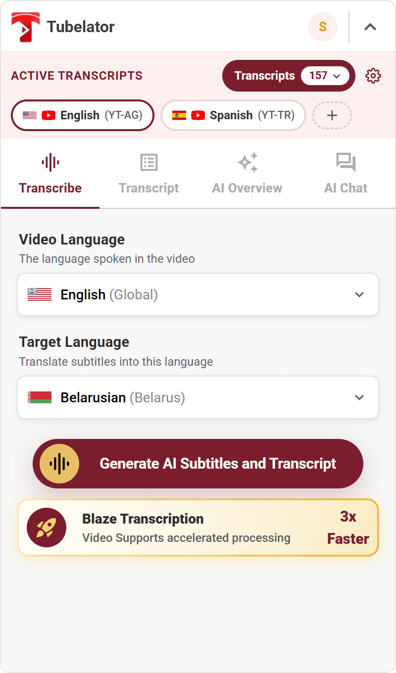 Tubelator panel — Transcribe form with video and target language selectors