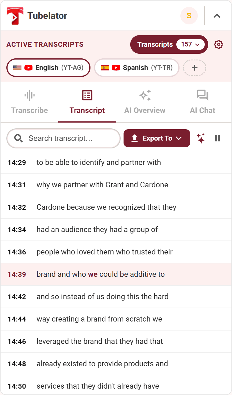 Tubelator panel — transcript with the current line highlighted