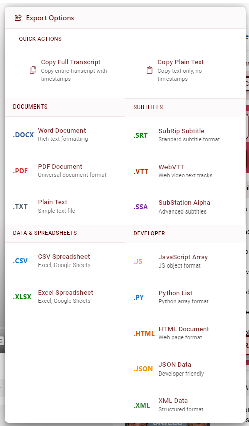 Export Format Options